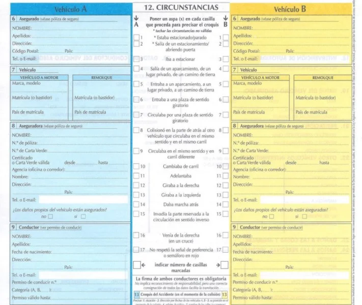 Declaración amistosa: datos de los vehículos A y B