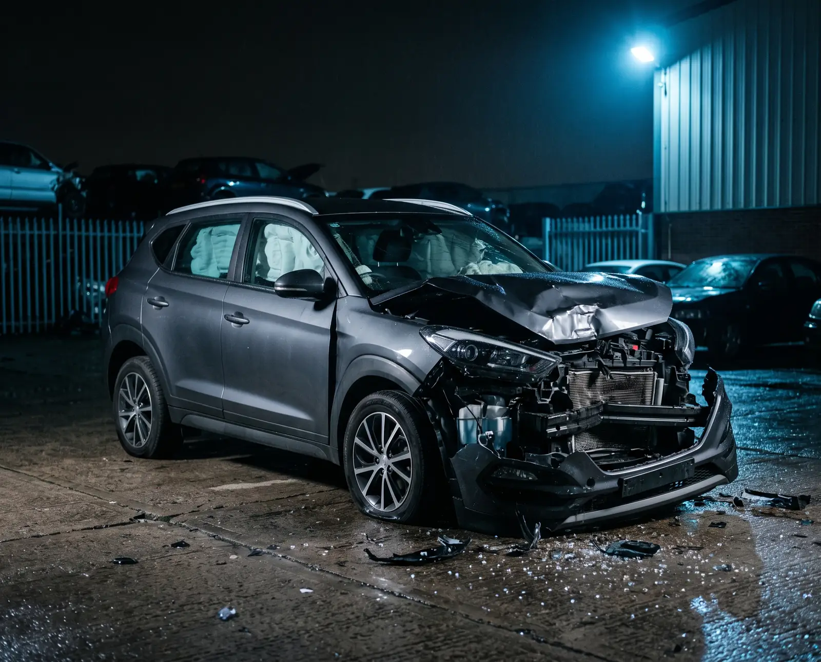 Todoterreno con el frontal destrozado tras un accidente, de noche